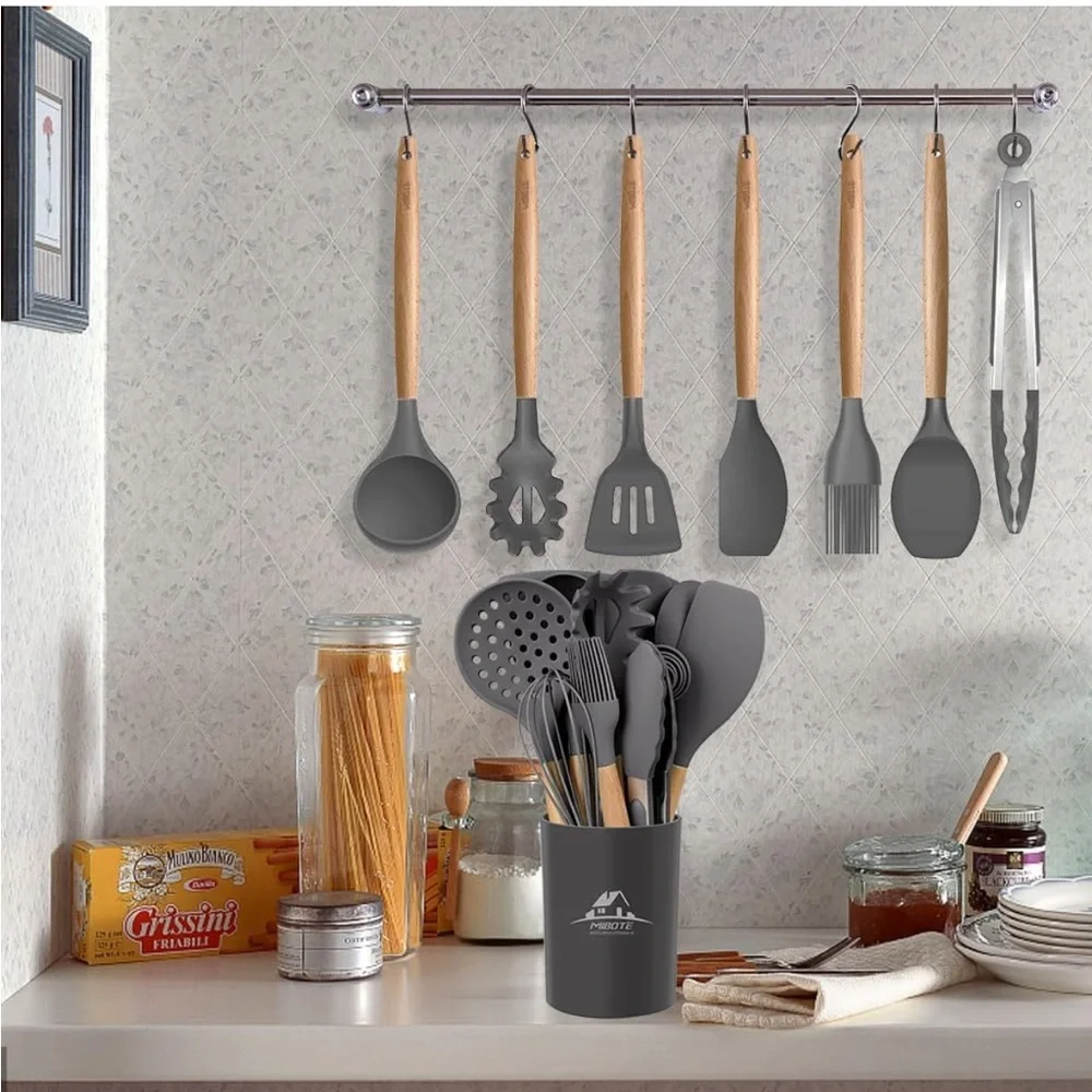17 Pcs Silicone Cooking Kitchen Utensils Set with Holder, Wooden Handle (Grey) - Picture 2 of 10